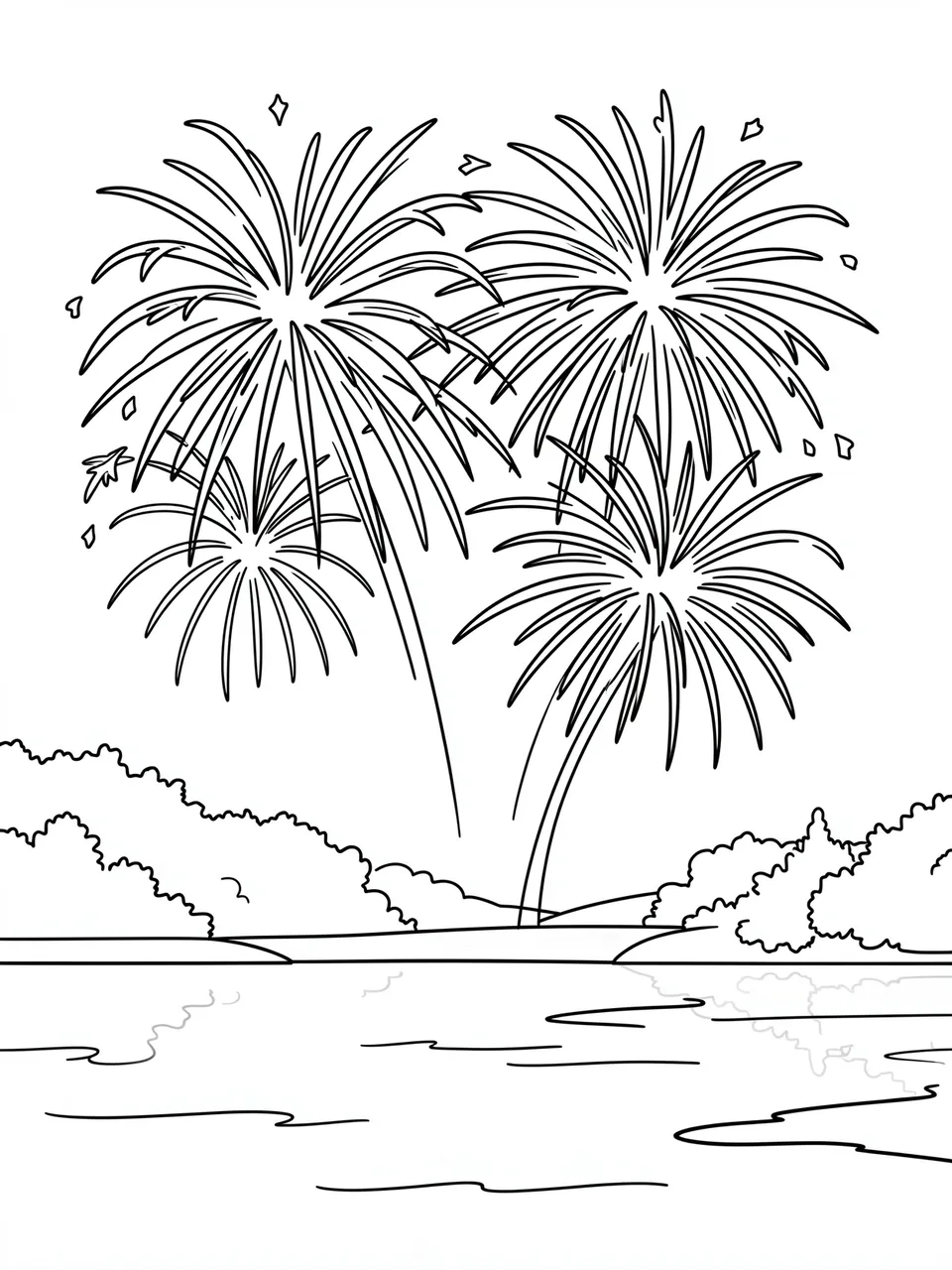 Simple bold black line art of bursting fireworks over a calm lake shore on a plain white background
