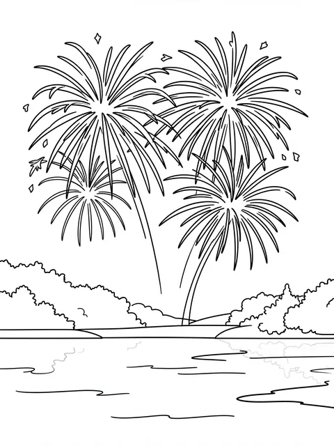 Simple bold black line art of bursting fireworks over a calm lake shore on a plain white background