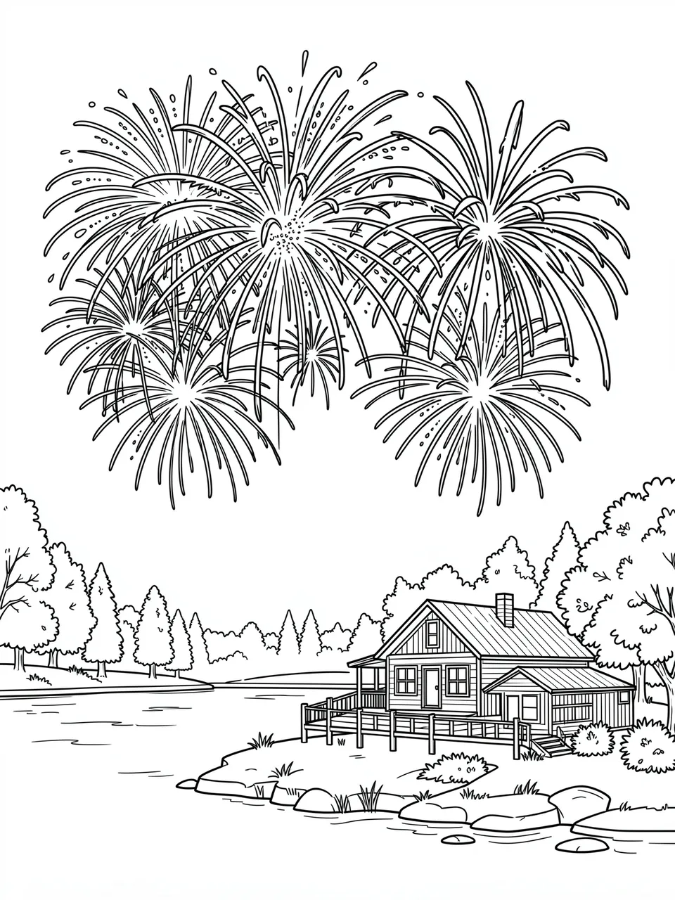 Black and white line art of a fireworks display above a cozy lakeside cabin with surrounding trees and calm water