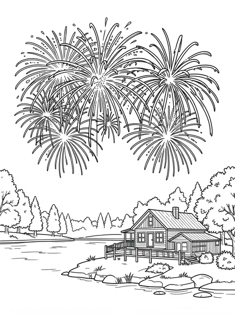 Black and white line art of a fireworks display above a cozy lakeside cabin with surrounding trees and calm water