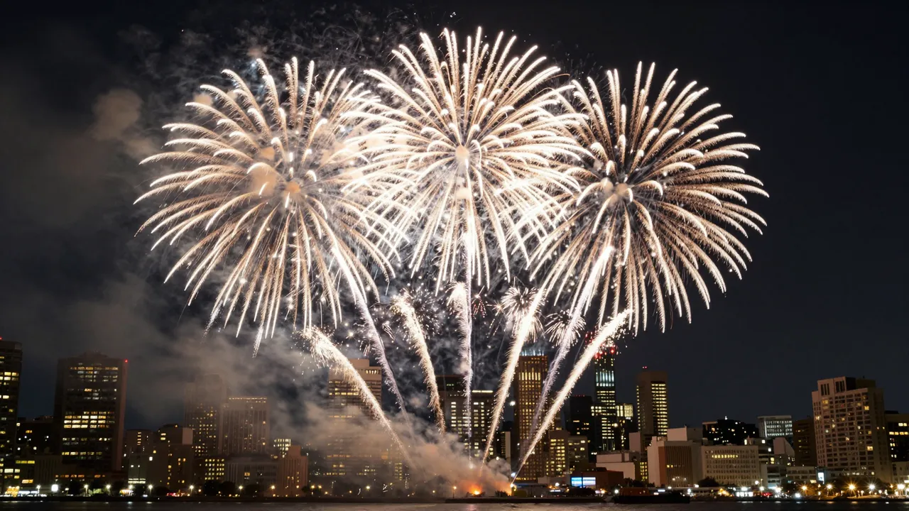 Bright white fireworks burst in three large overlapping blooms above an illuminated city skyline at night over water.