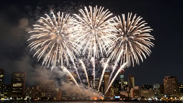 Bright white fireworks burst in three large overlapping blooms above an illuminated city skyline at night over water.