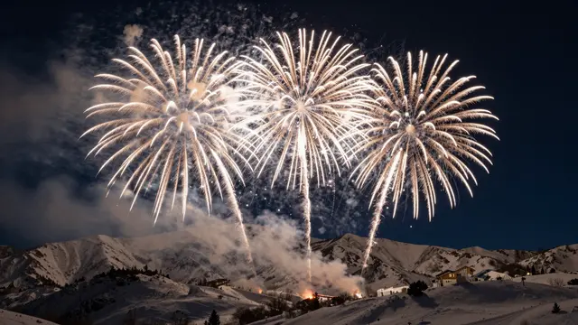 Golden white fireworks burst over a snow-covered mountain range at dark midnight