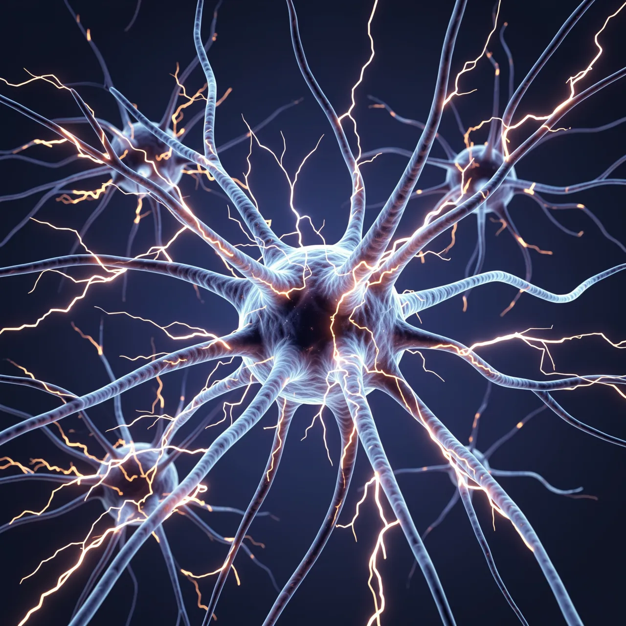 Close-up view of interconnected neurons glowing with bright electric spark impulses