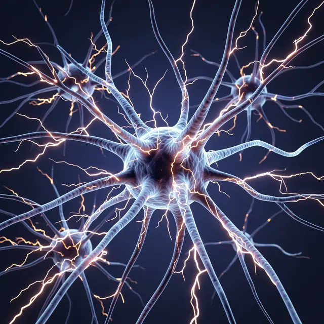 Close-up view of interconnected neurons glowing with bright electric spark impulses