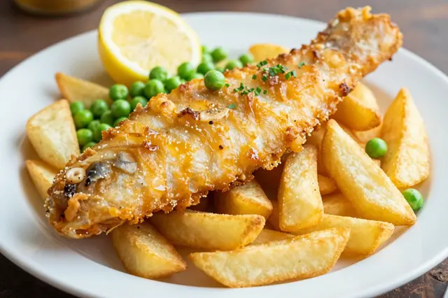 Crispy fried whole fish served with thick potato wedges, green peas, and a lemon half on a white plate.