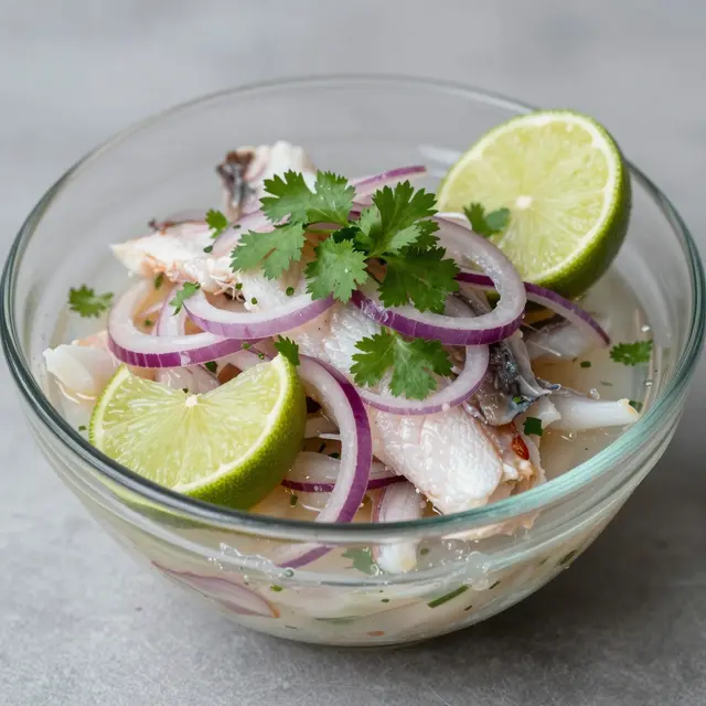 Glass bowl of fish ceviche topped with red onion, cilantro and fresh lime wedges on a gray countertop