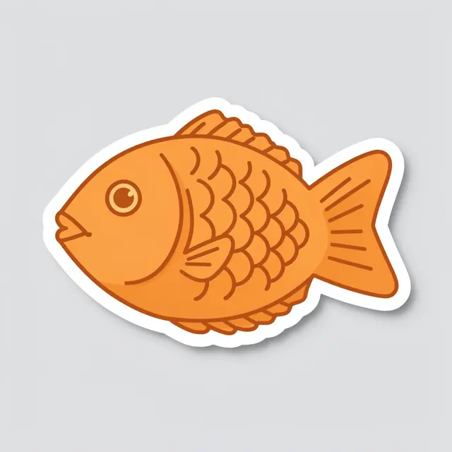 Die-cut sticker of a fish-shaped taiyaki pastry with a thick white border on a light gray background