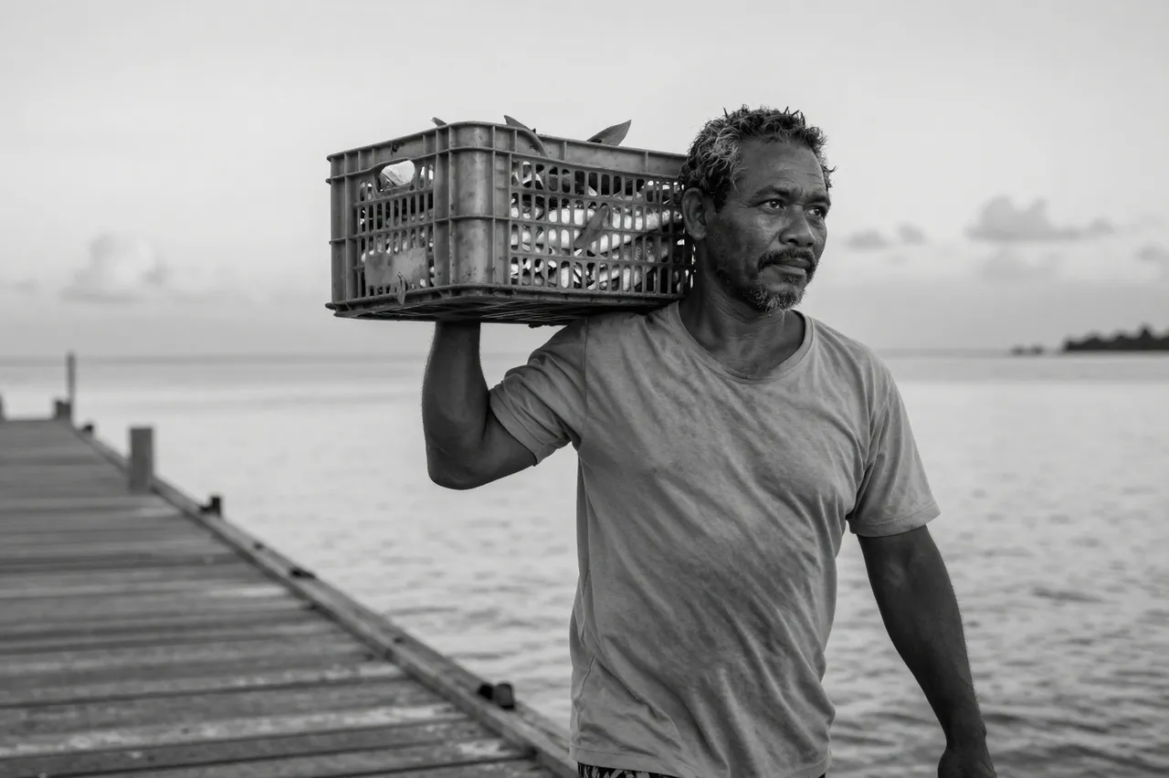 Black and white photo of a Pacific Islander man carrying a fish crate along a quiet wooden dock at dawn