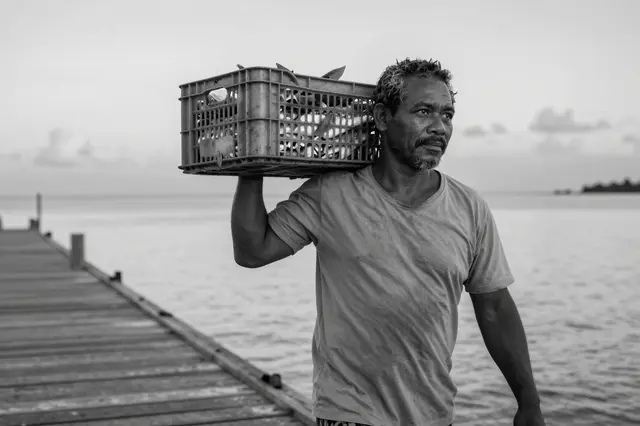 Black and white photo of a Pacific Islander man carrying a fish crate along a quiet wooden dock at dawn