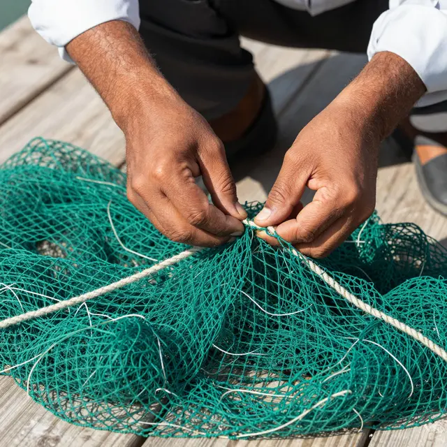 Close-up of a fisherman's hands repairing a green fishing net on a wooden dock