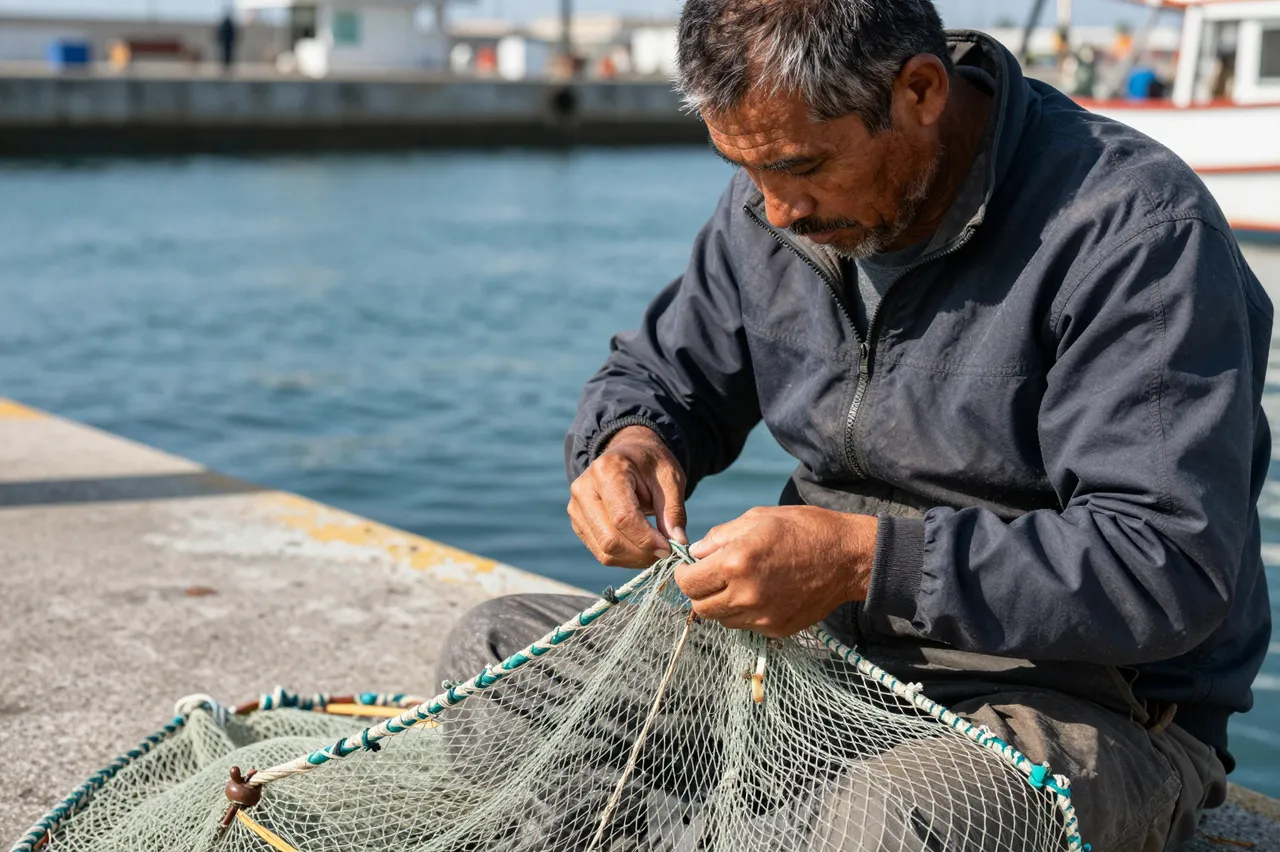 A middle-aged fisherman sits on a concrete harbor pier mending a fishing net in bright daylight.
