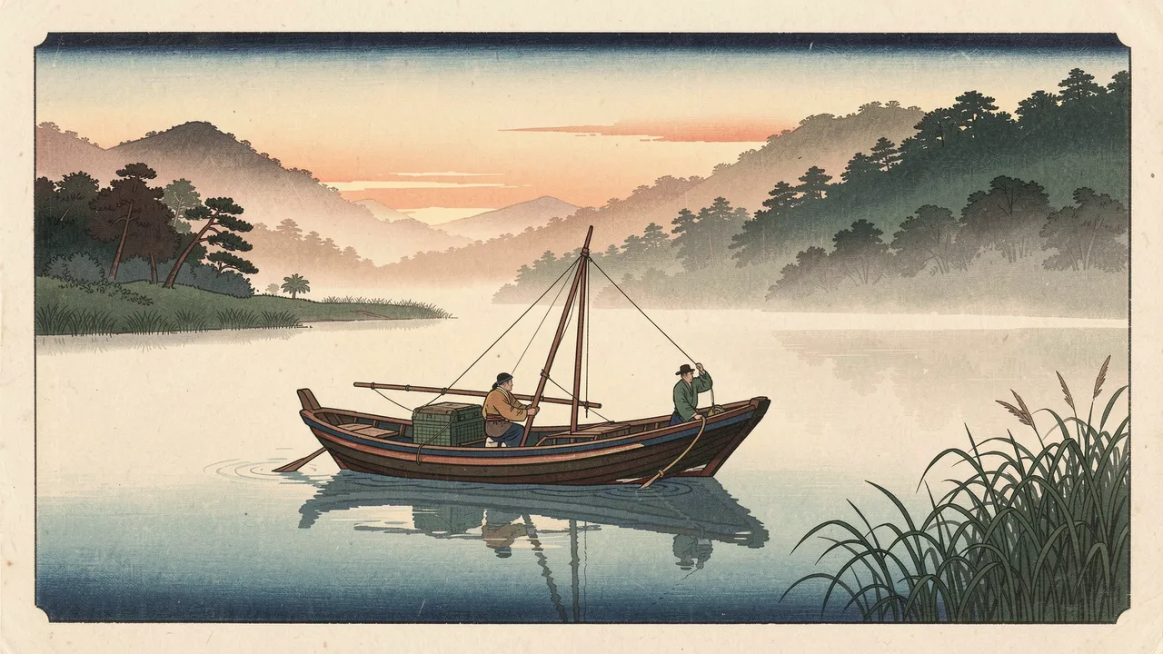 Japanese woodblock print of a small fishing boat with two men on a misty calm lake at sunrise