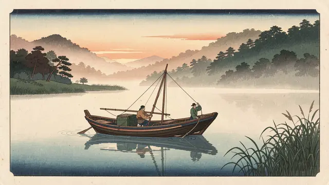 Japanese woodblock print of a small fishing boat with two men on a misty calm lake at sunrise