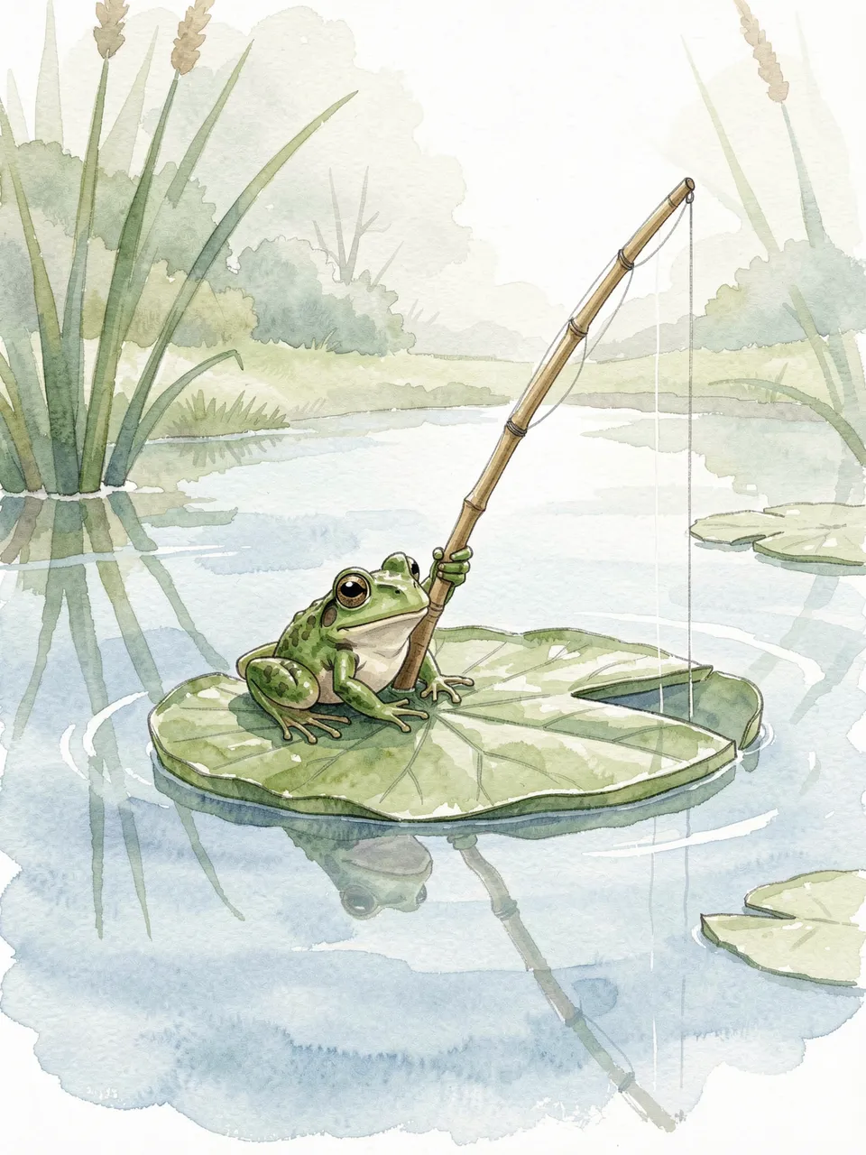 A cute green frog sits on a lily pad holding a bamboo fishing rod above a still pond.