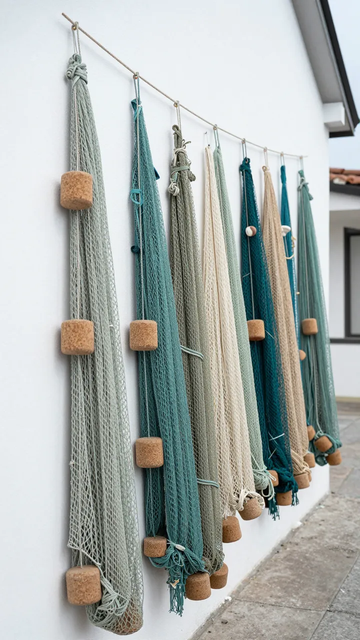 Colorful fishing nets with cork floats hang in a neat row against a whitewashed village wall.