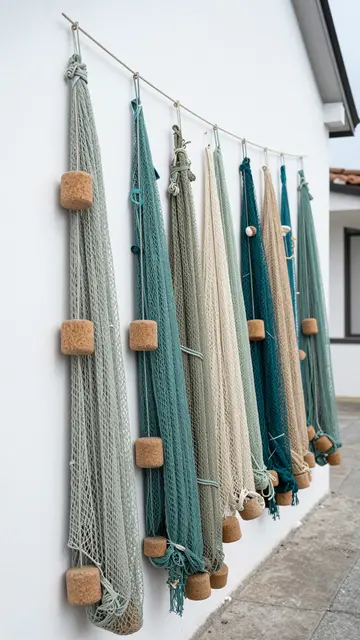 Colorful fishing nets with cork floats hang in a neat row against a whitewashed village wall.