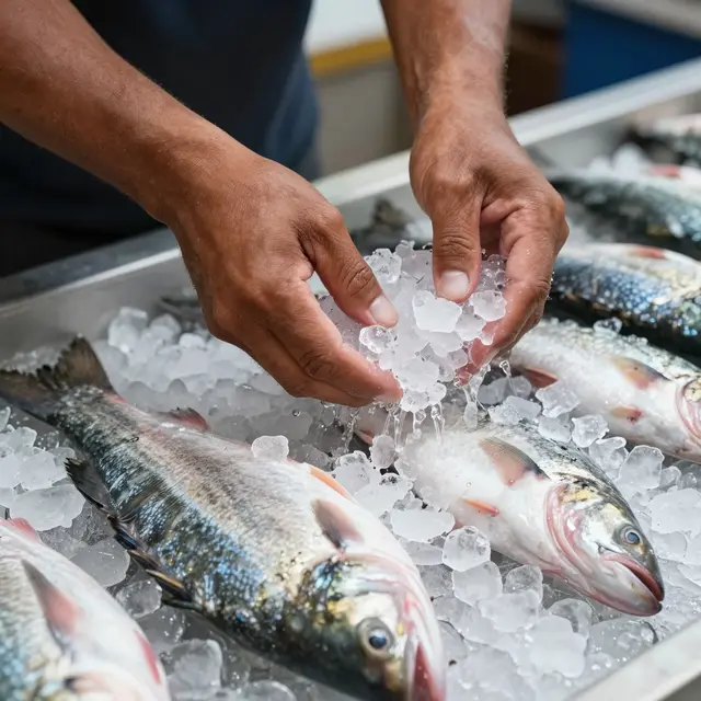 Close-up of a fishmonger's hands scooping crushed ice over fresh whole fish on a market tray