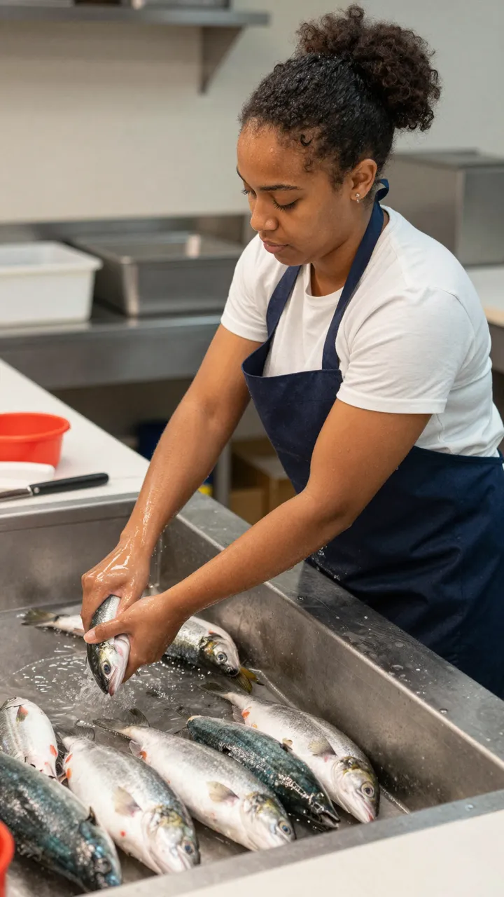 Young mixed-race woman in an apron holds a whole fresh fish over a stainless steel work sink at a fish market counter.