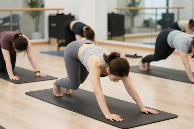 Group of adult women perform stretching exercises on yoga mats in a bright fitness studio with mirrored walls.