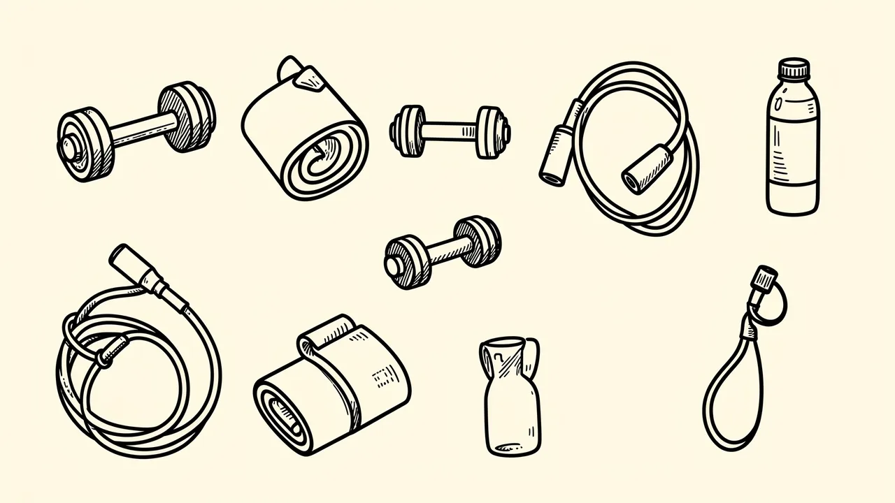 Black hand-drawn line art doodles of fitness equipment arranged loosely on a light cream background