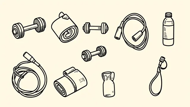 Black hand-drawn line art doodles of fitness equipment arranged loosely on a light cream background