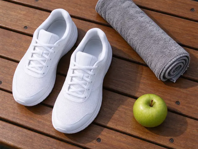 Overhead view of white running shoes, rolled gray towel and green apple resting on a slatted wooden gym bench.