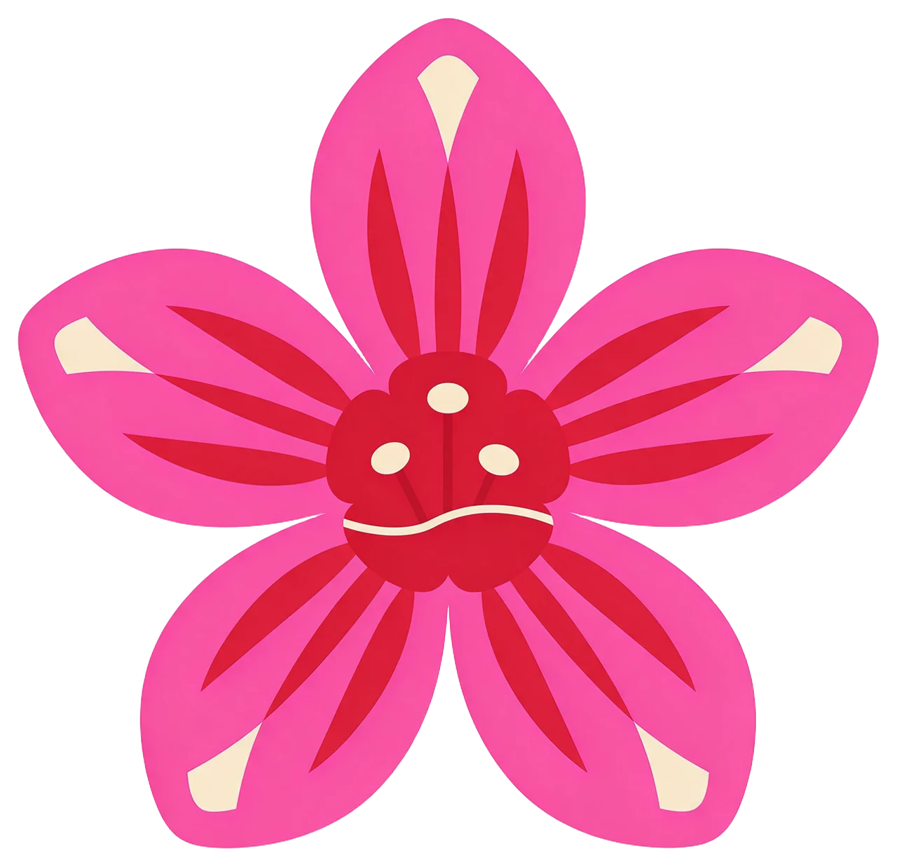 Flat geometric vector illustration of a hot pink five-petal tropical flower with deep red and cream details