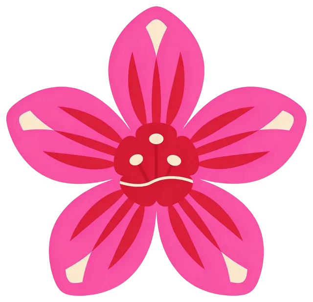 Flat geometric vector illustration of a hot pink five-petal tropical flower with deep red and cream details