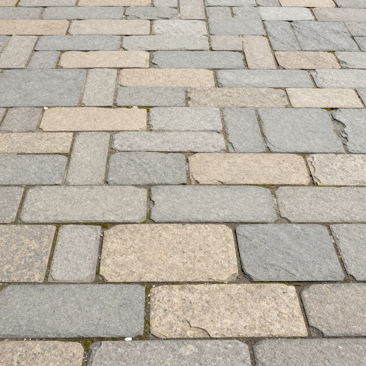 Top view of mixed gray and tan irregular flagstone paving with moss growing in the joints