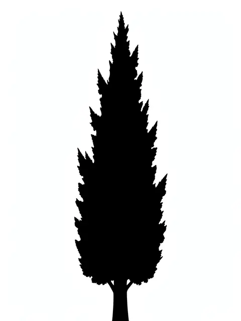 Solid black tall cypress tree silhouette in a flame shape on a plain white background