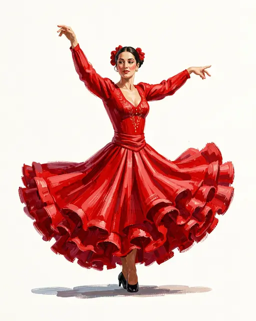 Gouache painting of a female flamenco dancer mid-spin in a flowing ruffled red dress against a plain light background