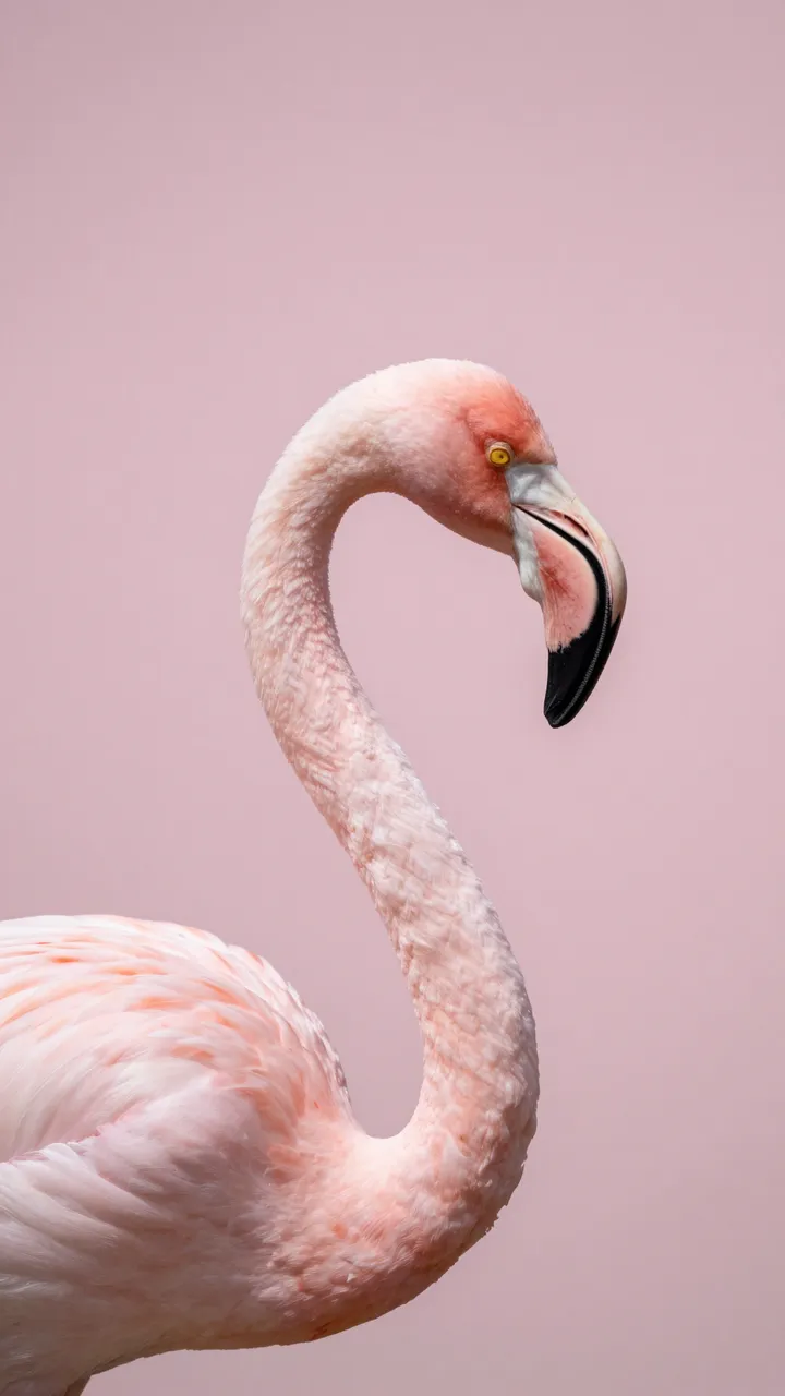 Close-up of a pink flamingo's curved neck against a solid soft pink background