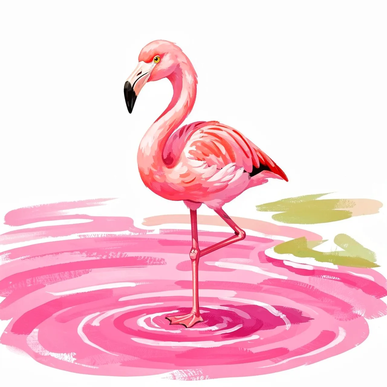 Gouache illustration of a pink flamingo balancing on one leg in a shallow pink lagoon