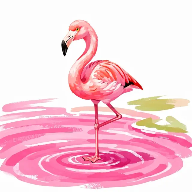 Gouache illustration of a pink flamingo balancing on one leg in a shallow pink lagoon