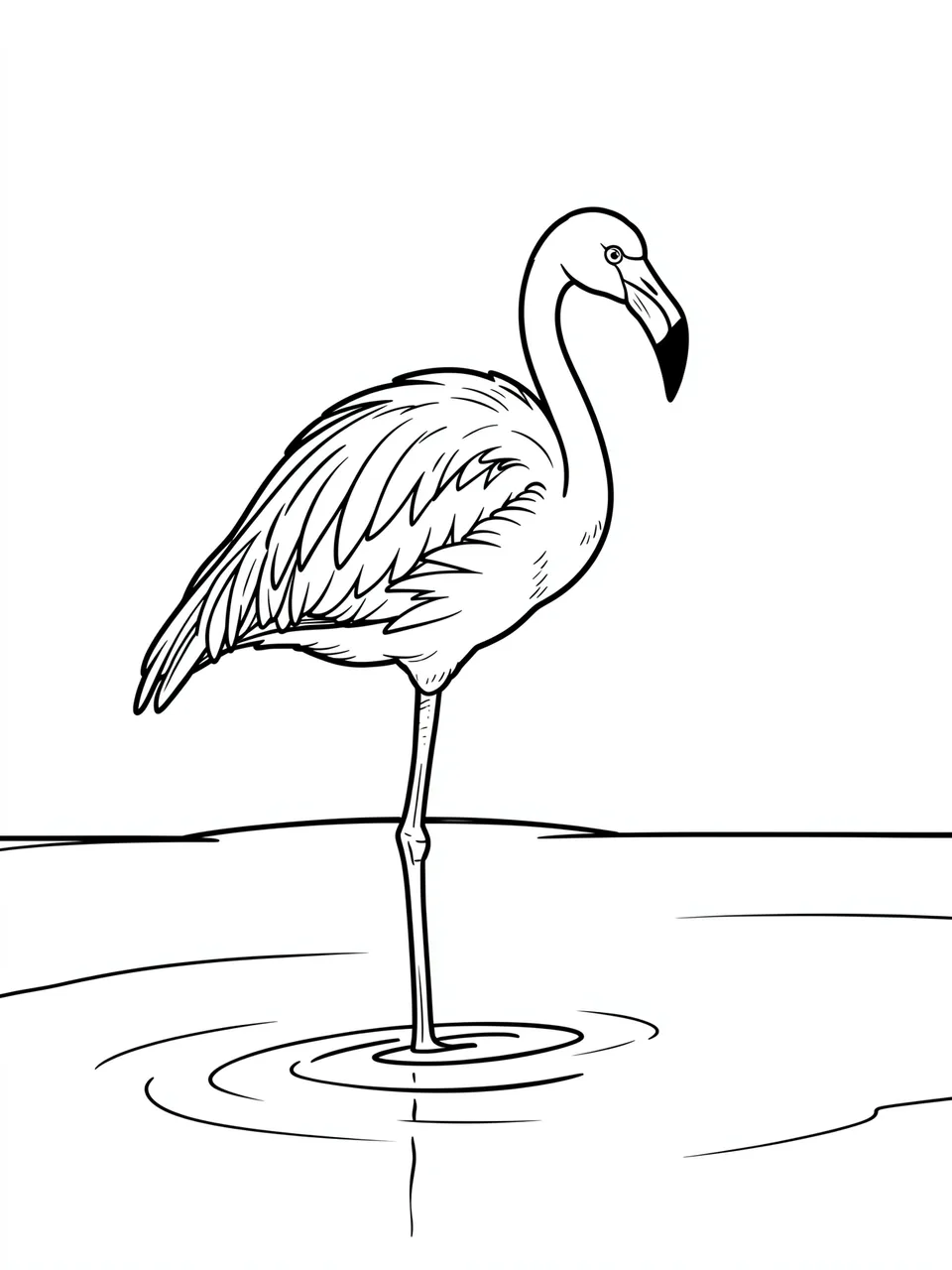 Black and white bold line art of a flamingo standing on one leg in shallow rippled water on a plain white background