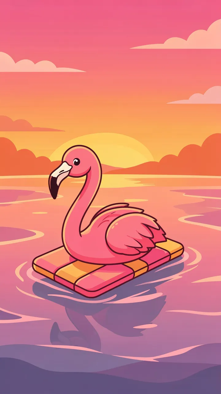 A cute pink flamingo rests on a striped pool raft floating on calm water during a warm sunset