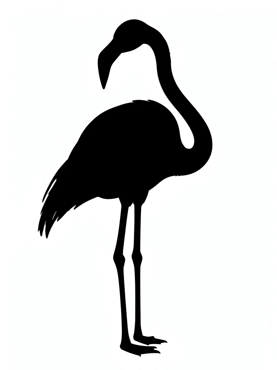 Solid black preening flamingo silhouette with curved neck on a plain white background