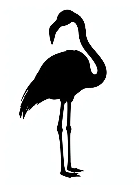 Solid black preening flamingo silhouette with curved neck on a plain white background