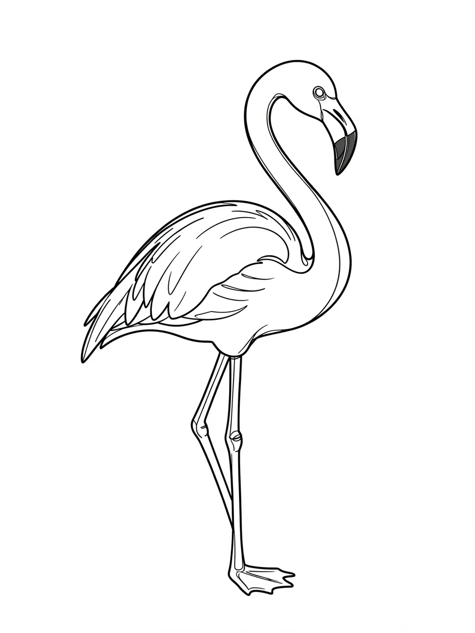 Minimal black line art of a standing flamingo with a curved neck on a plain white background