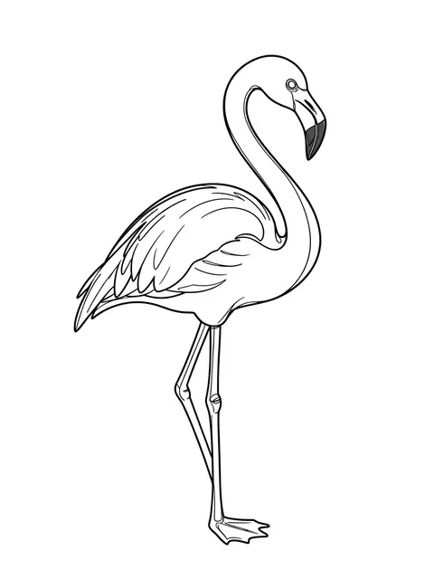 Minimal black line art of a standing flamingo with a curved neck on a plain white background