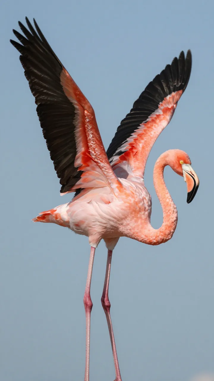 A pink flamingo holds its wings spread open against a clear light blue sky.