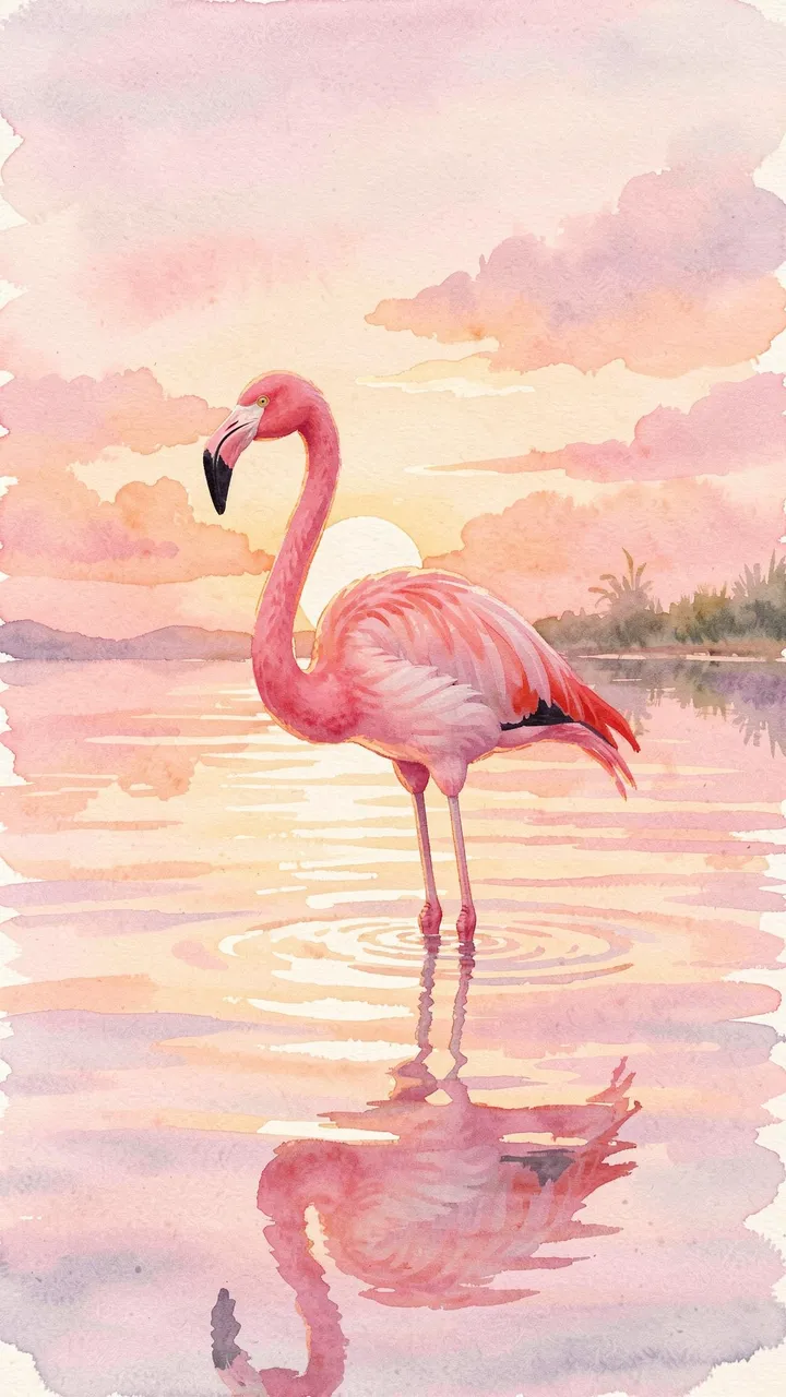 A pink flamingo stands in still, reflective water beneath a soft pink and gold sunset sky