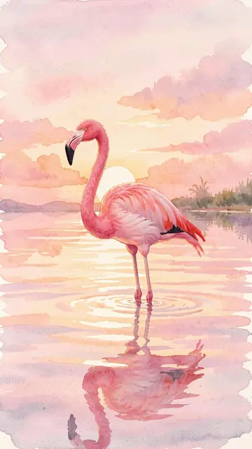 A pink flamingo stands in still, reflective water beneath a soft pink and gold sunset sky