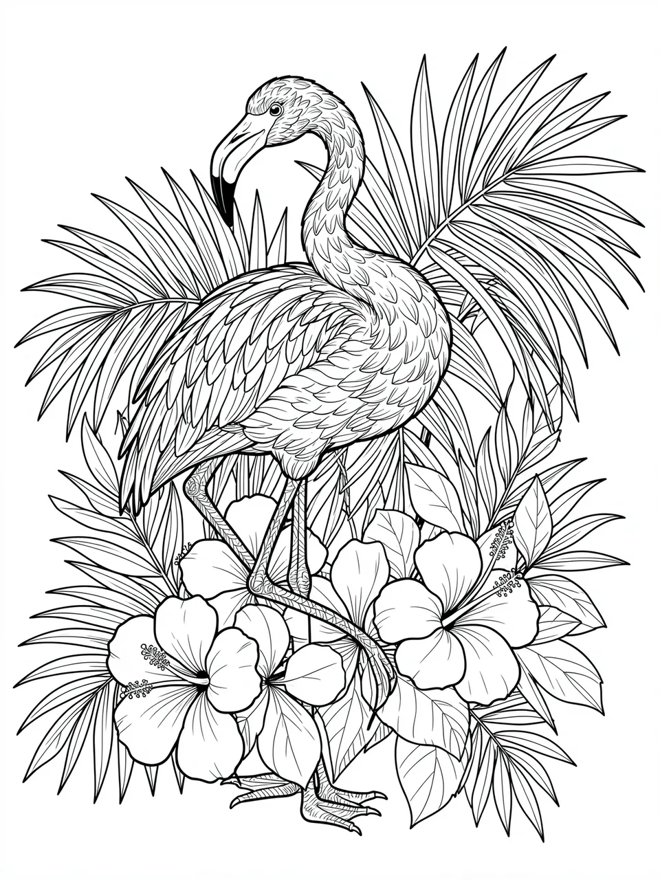 Intricate black and white line art of a flamingo surrounded by hibiscus flowers and palm fronds