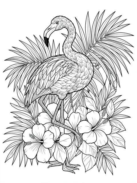 Intricate black and white line art of a flamingo surrounded by hibiscus flowers and palm fronds