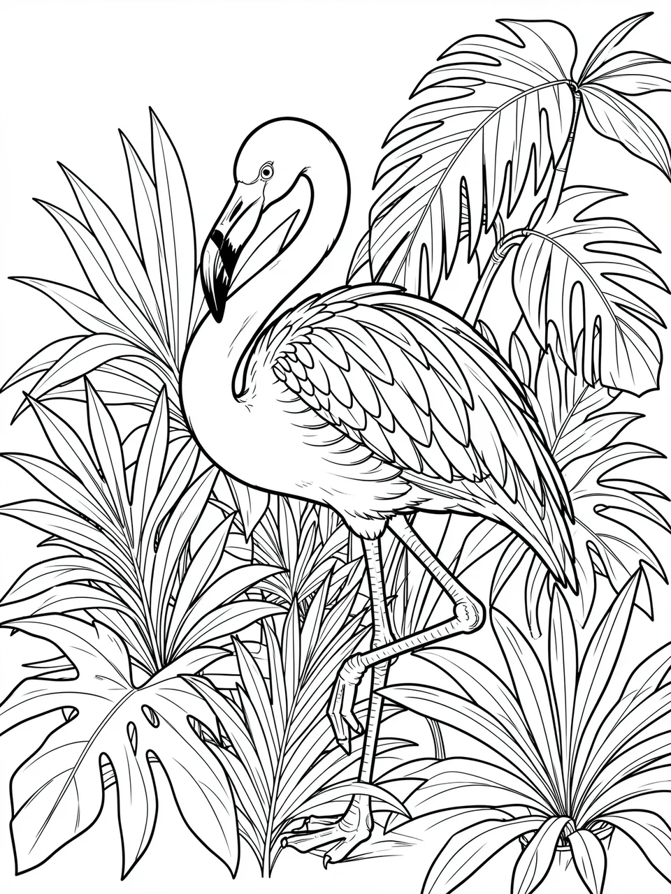 Black and white line art of a preening flamingo surrounded by tropical foliage on a plain white background