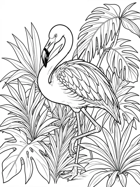 Black and white line art of a preening flamingo surrounded by tropical foliage on a plain white background
