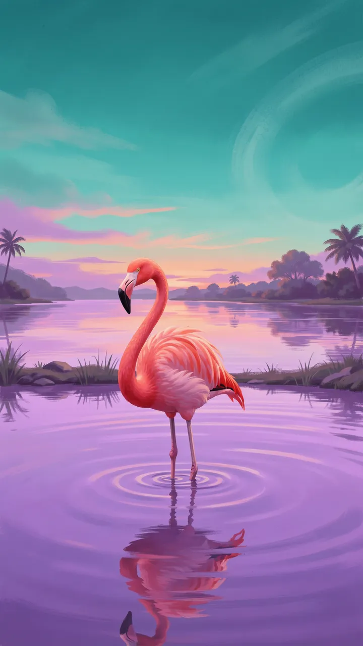 A pink flamingo stands in a still lilac lagoon under a gradient teal sunset sky