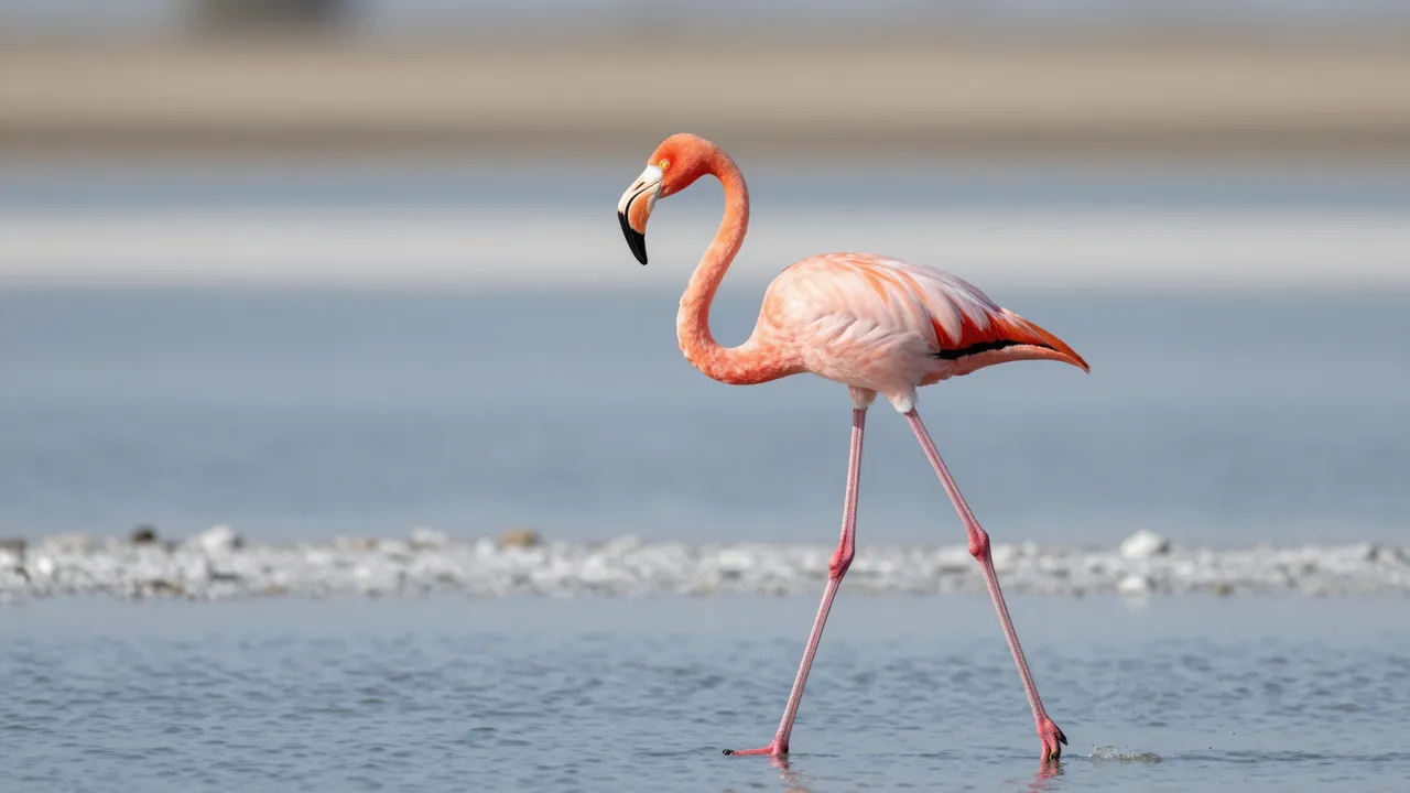 A pink flamingo mid-stride walks through calm shallow salt flat water under soft light
